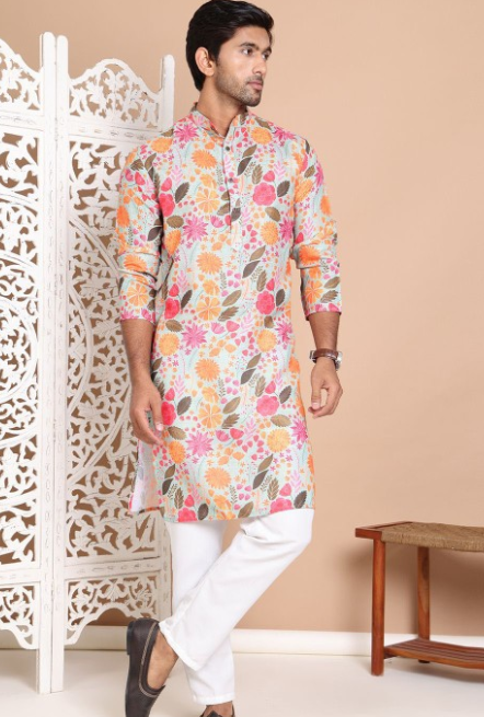 Men Floral Printed Regular Pure Cotton Kurta with Pyjamas