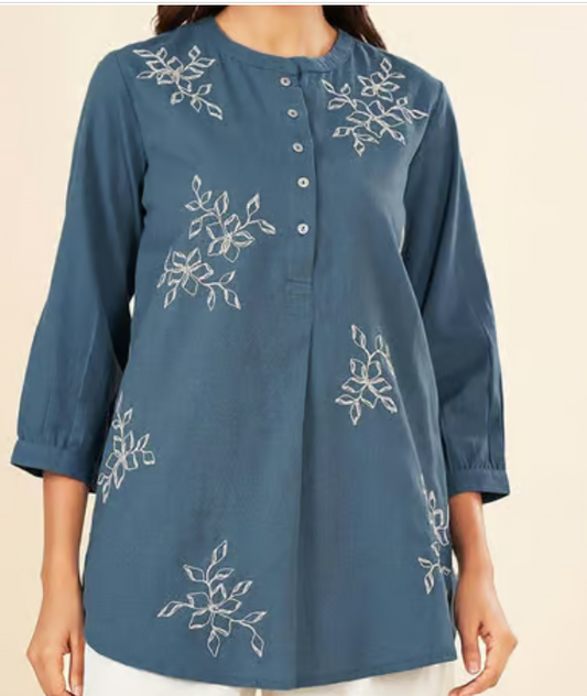 Blue Printed A Line Short Kurti