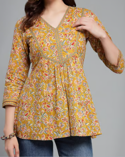 Yellow Cotton Floral Print A Line Short Kurti