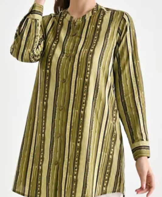 Olive Cotton Striped A Line Short Kurti