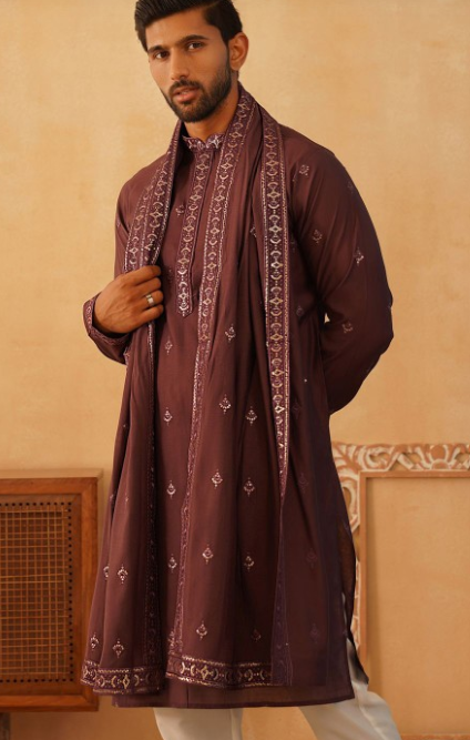 Ethnic Motifs Embroidered Sequinned Cotton Silk Kurta with Pyjamas & Dupatta