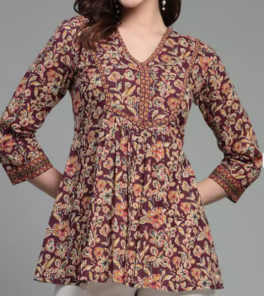 Wine Cotton Floral Print A Line Short Kurti