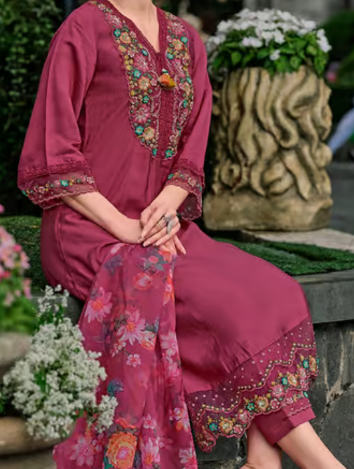 Indo Era Pink Embroidered Kurta With Pant & Duppata