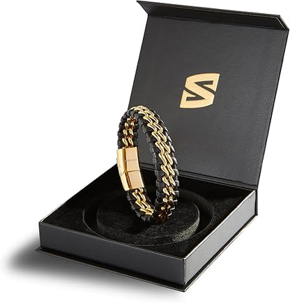 Premium Genuine Leather Bracelet [Steel] for Men in Black