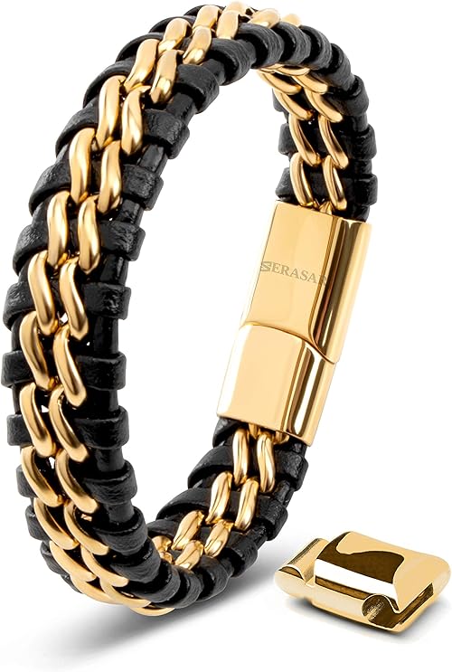 Premium Genuine Leather Bracelet [Steel] for Men in Black