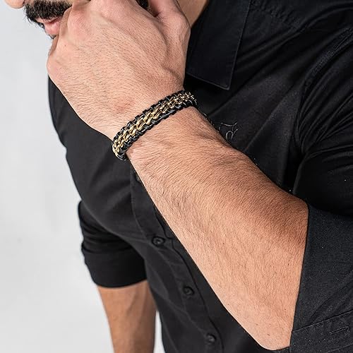 Premium Genuine Leather Bracelet [Steel] for Men in Black
