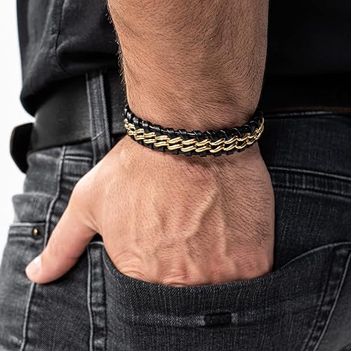 Premium Genuine Leather Bracelet [Steel] for Men in Black