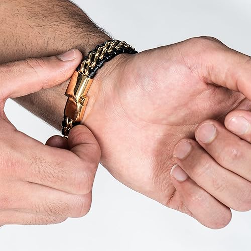 Premium Genuine Leather Bracelet [Steel] for Men in Black